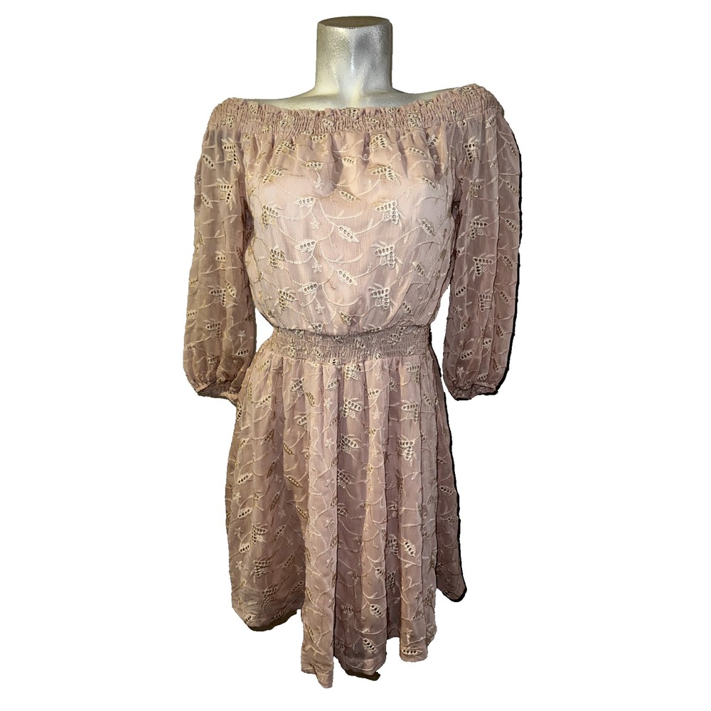 ASTR the Label Pink Embroidered Eyelet Off Shoulder Smocked Mini Dress Medium